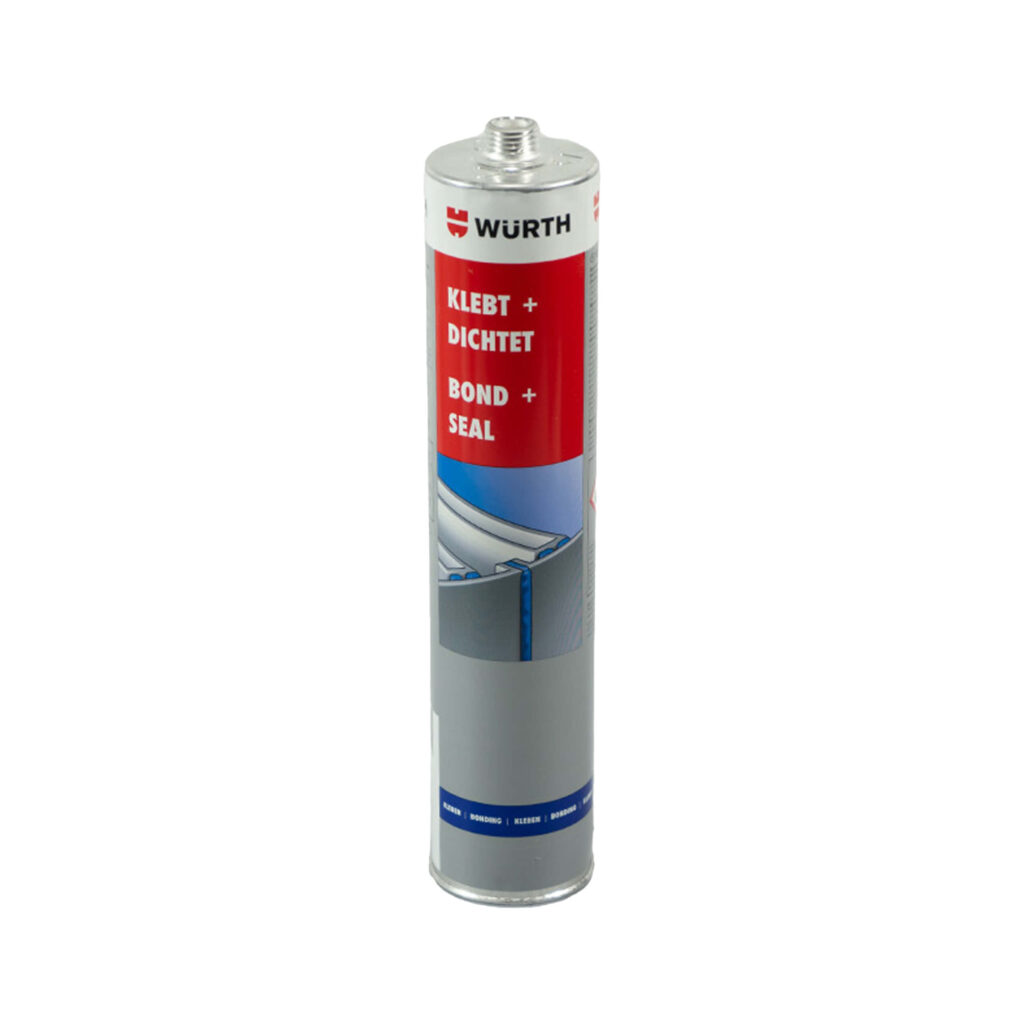 Kartusche mit schwarzem Montagekleber von Würth, ideal zum Kleben und Abdichten verschiedenster Materialien.