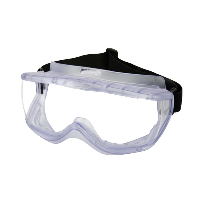 Vollsicht-Schutzbrille mit klarem Sichtfeld und elastischem Kopfband für sicheren Sitz und rundum Schutz.