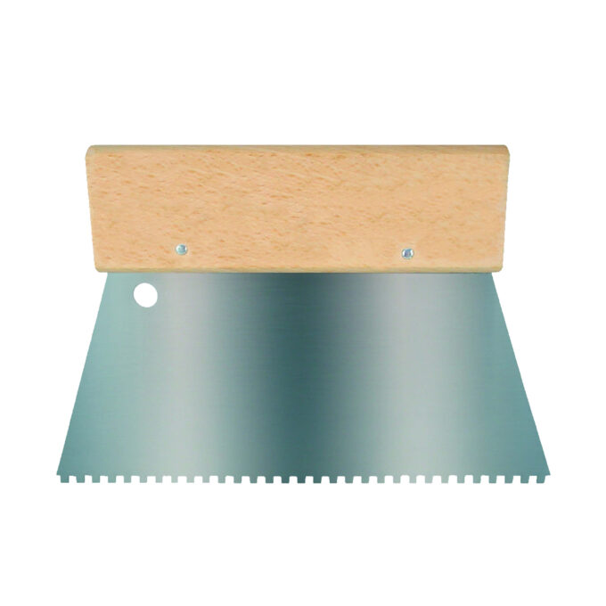 Zahnspachtel mit Holzgriff und gezahnter Edelstahlklinge.